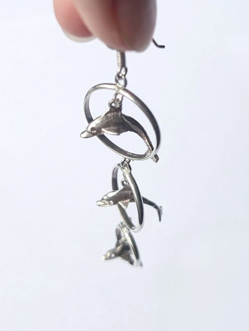 Vintage dangle earrings Sterling silver Triple three tier dolphins jumping Hoops